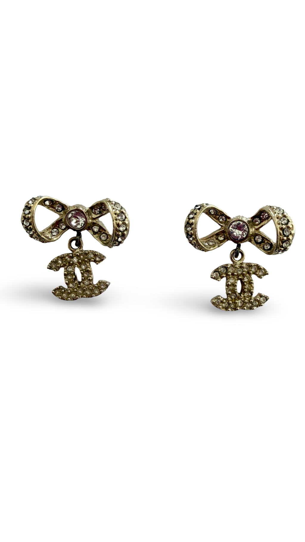Gold Crystal CC Bow Drop Earrings