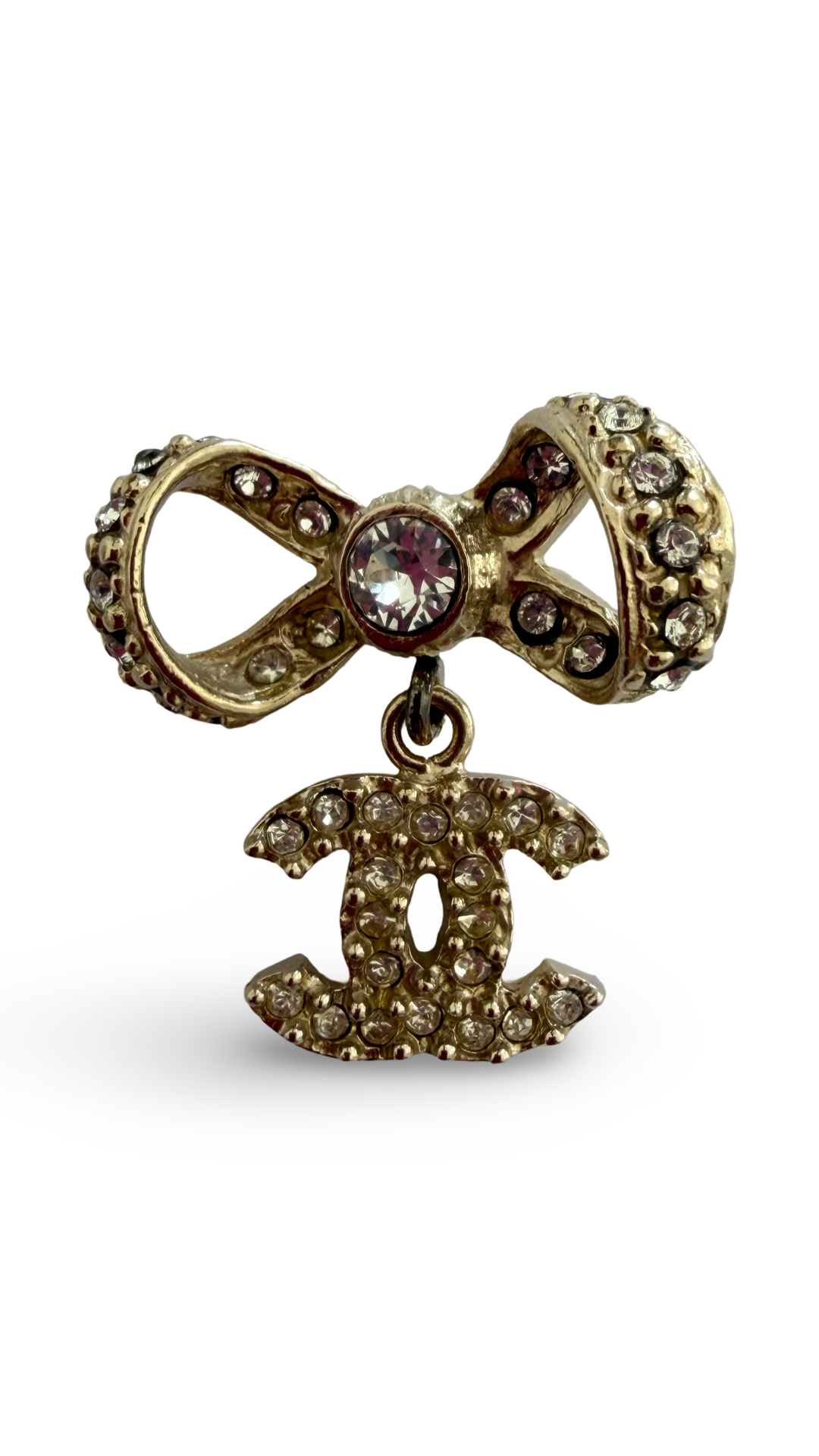 Gold Crystal CC Bow Drop Earrings