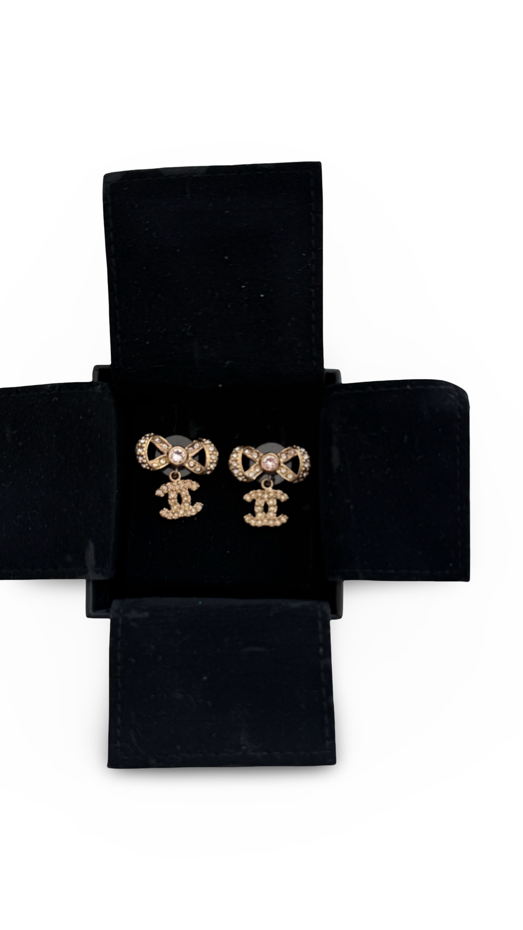 Gold Crystal CC Bow Drop Earrings