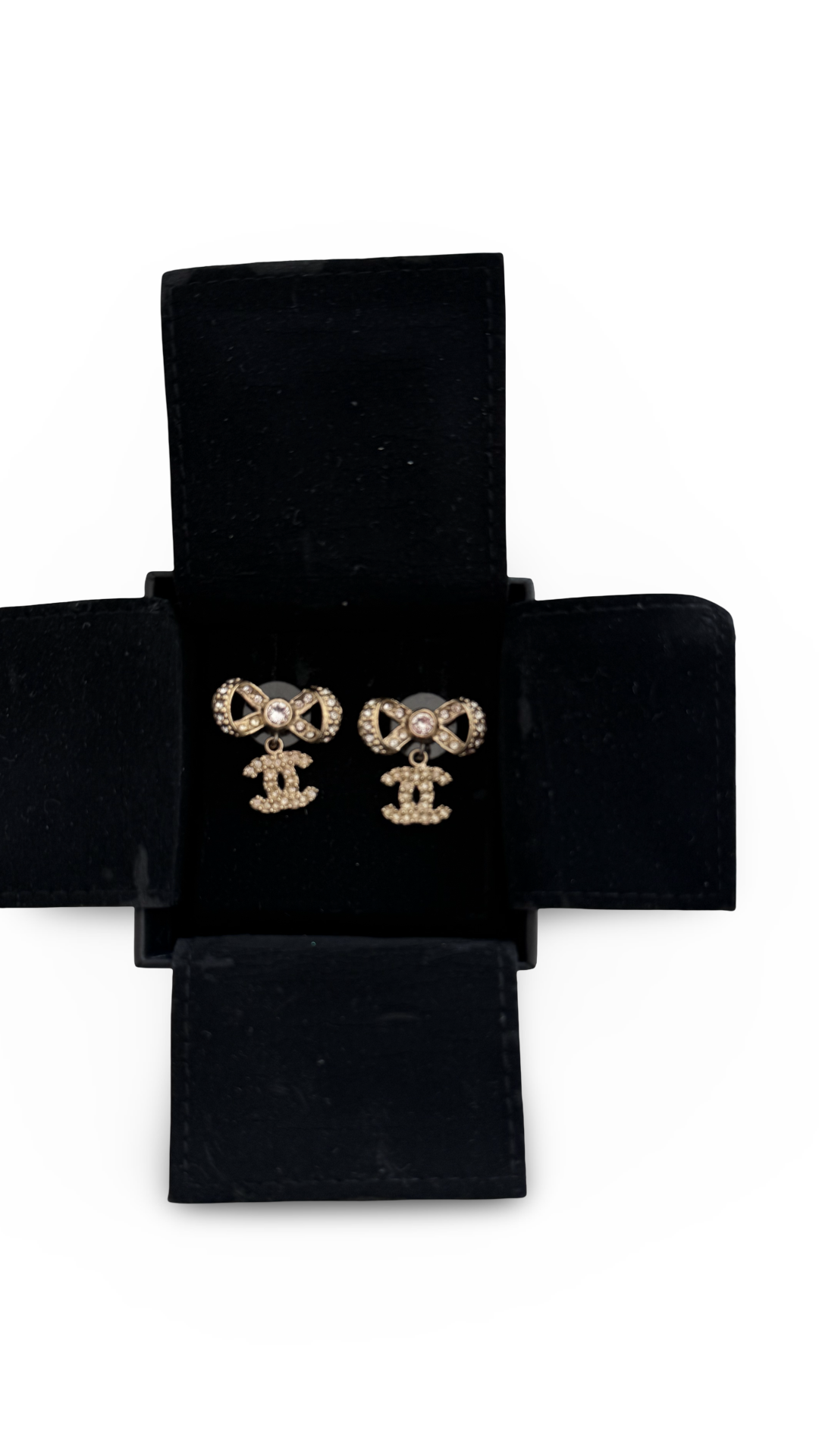 Gold Crystal CC Bow Drop Earrings