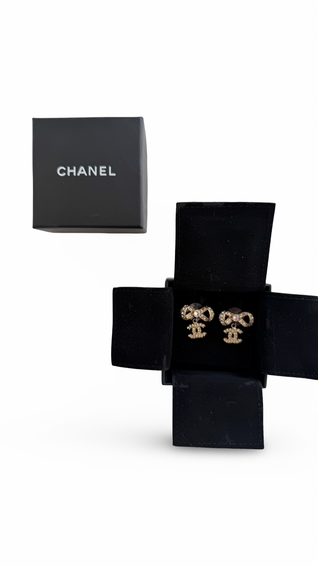 Gold Crystal CC Bow Drop Earrings