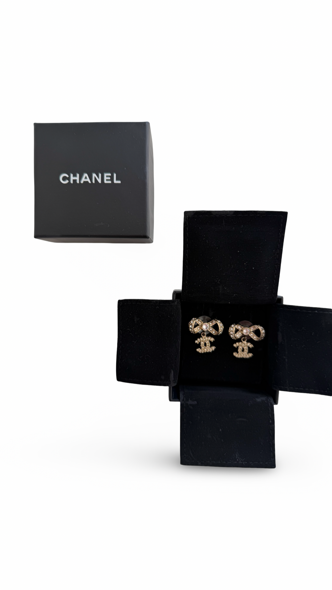 Gold Crystal CC Bow Drop Earrings