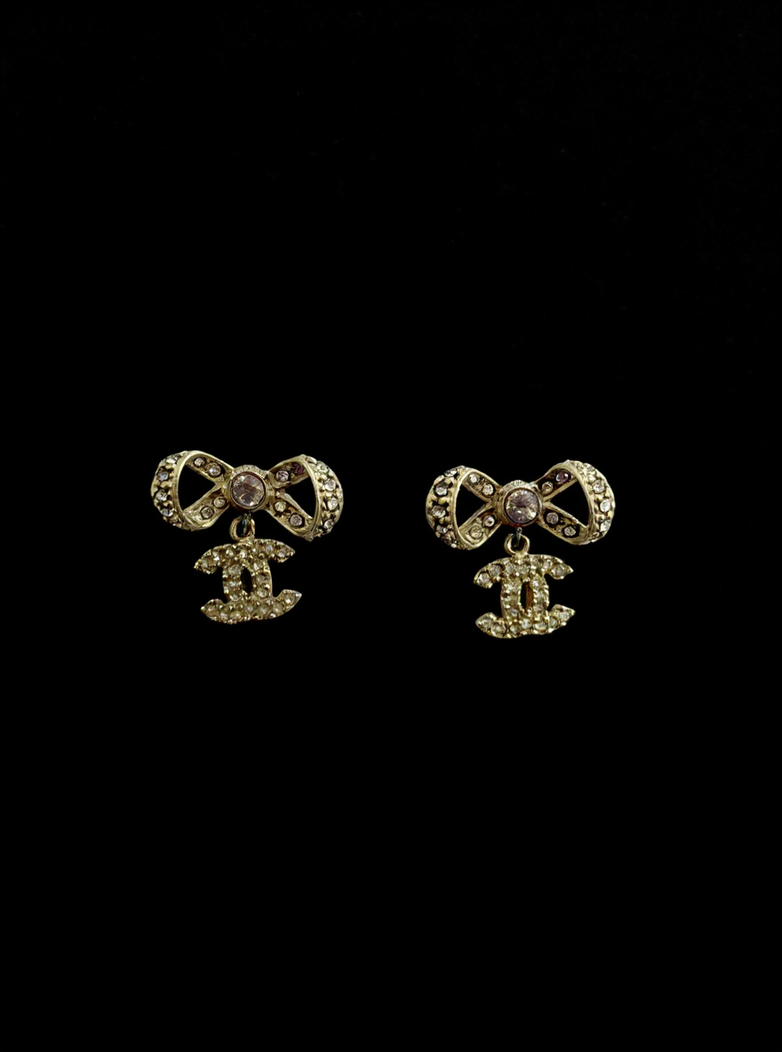 Gold Crystal CC Bow Drop Earrings