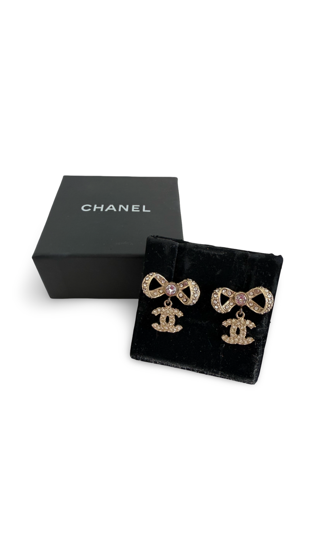 Gold Crystal CC Bow Drop Earrings