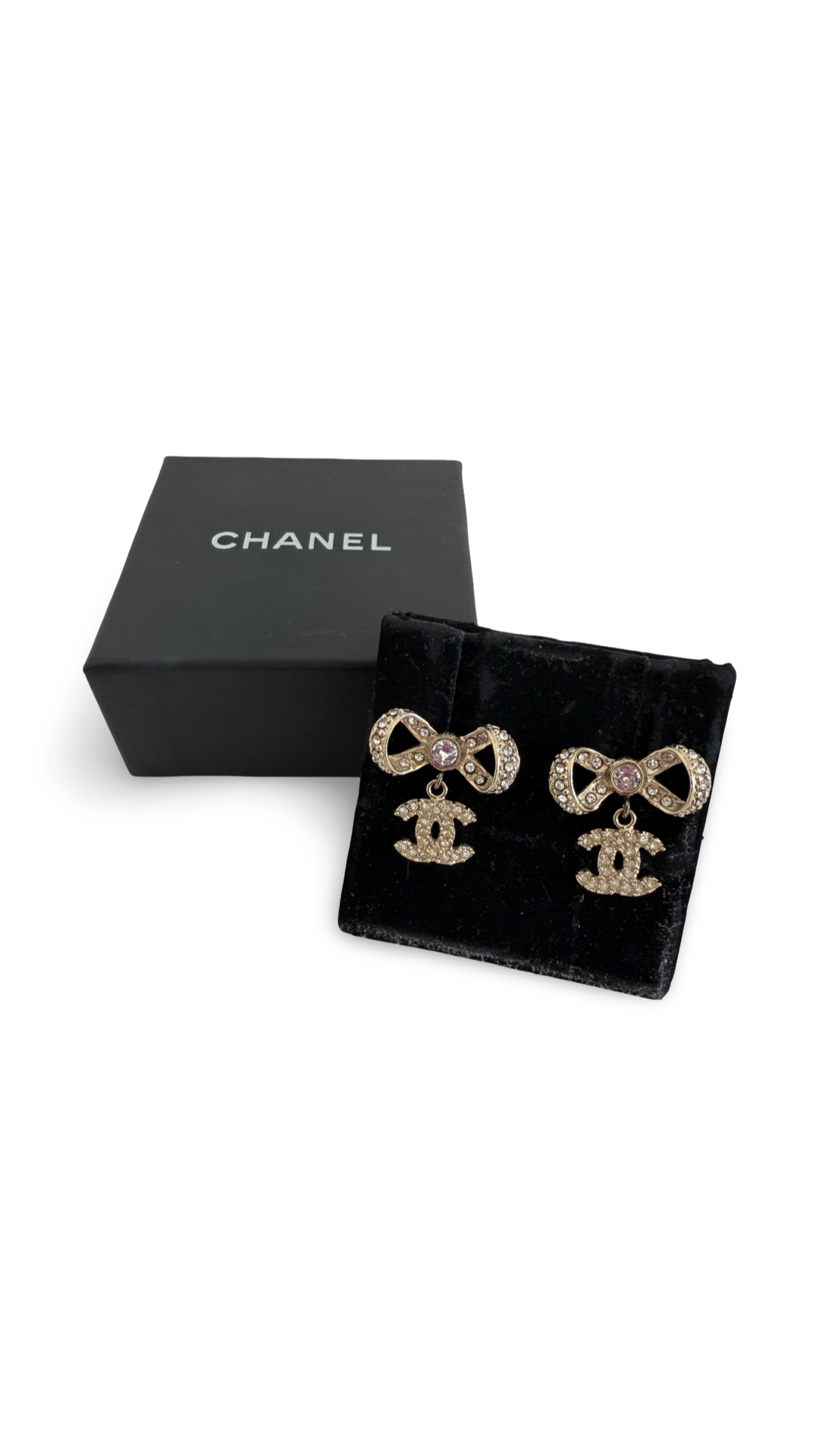 Gold Crystal CC Bow Drop Earrings