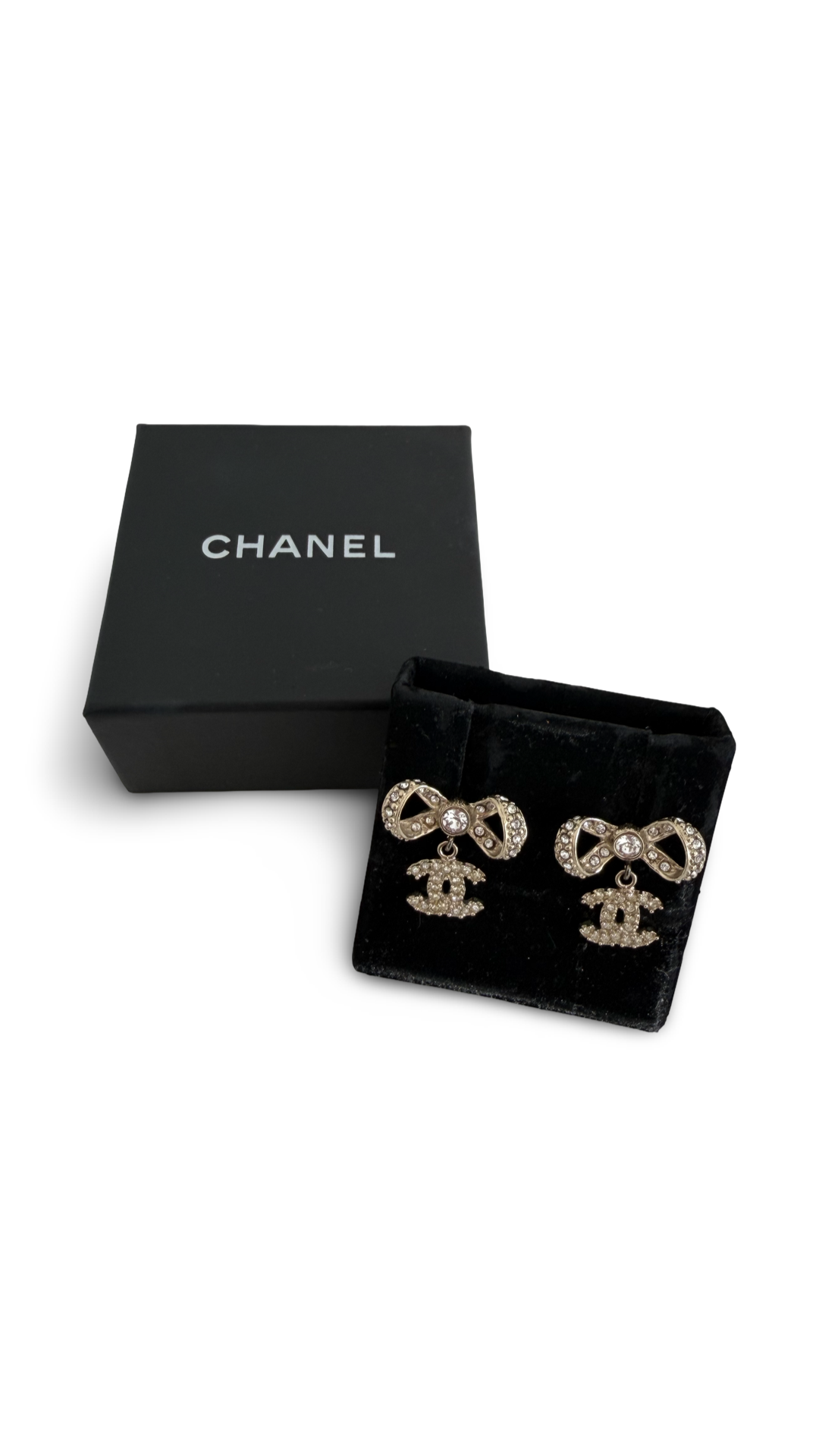 Gold Crystal CC Bow Drop Earrings