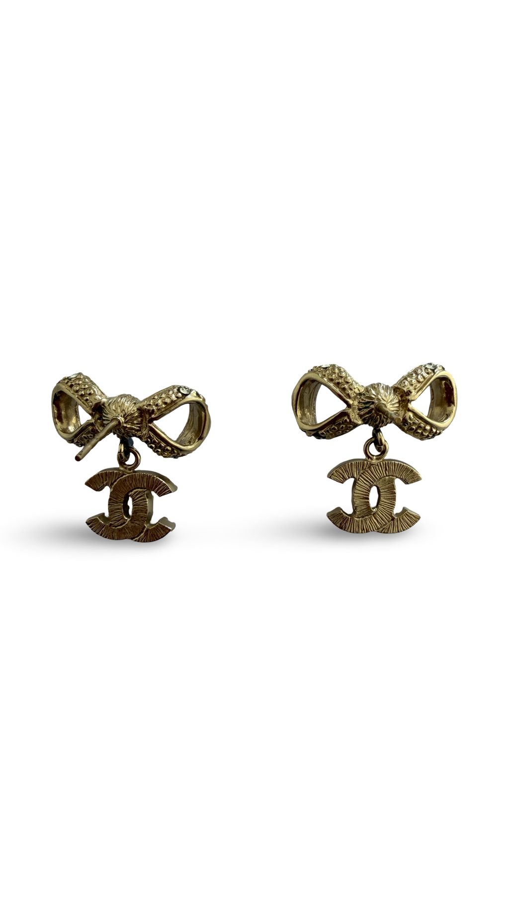 Gold Crystal CC Bow Drop Earrings