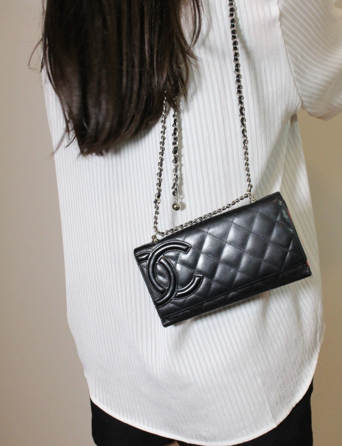 Calfskin Quilted Cambon Wallet On Chain Black